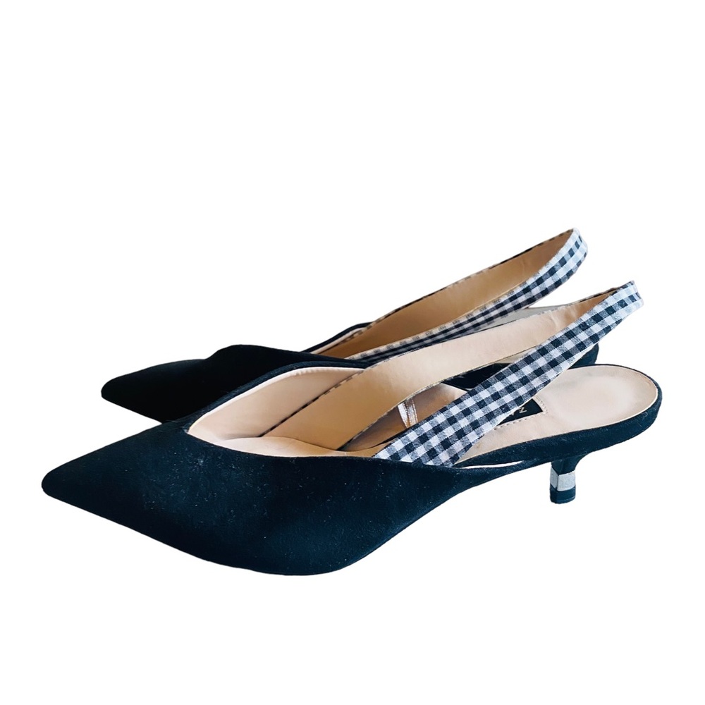 Zara Black Pointed Slingback Heels with Black-and-White Gingham Strap